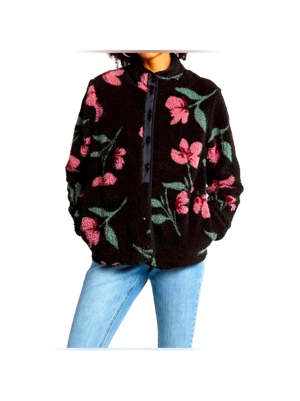 Volcom Black Sherpa Jacket with Pink Floral Print